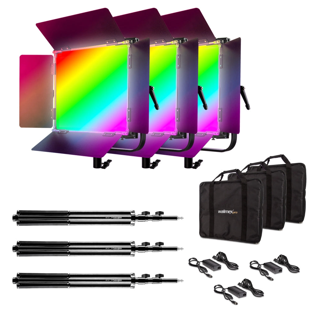 LED Rainbow 50W RGBWW Set - composto da 3 luci, alette di schermatura, alimentatore, borsa per il trasporto e lo stoccaggio, treppiede per lampada con attacco e adattatore
