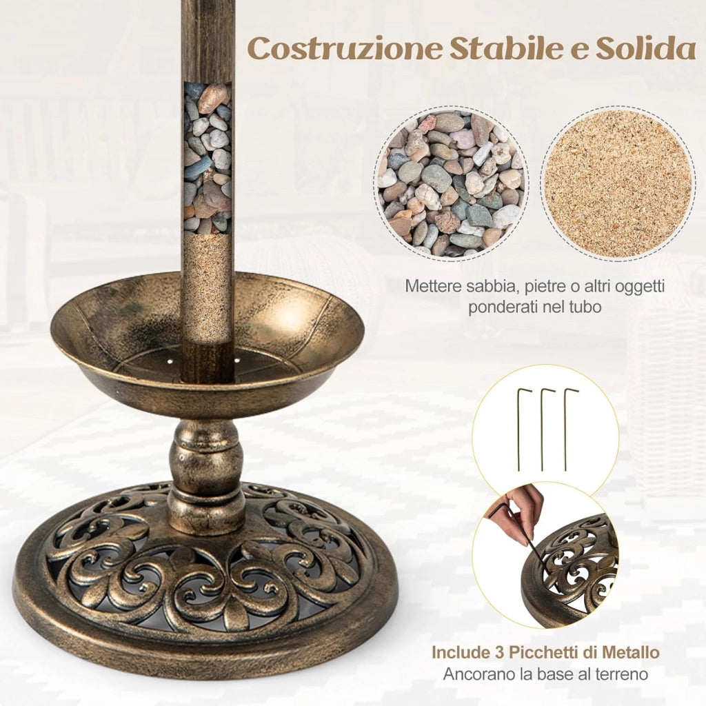 Vasca per Uccelli da Giardino a Energia Solare, Abbeveratoio e Mangiatoia per Uccelli da Esterno con 2 Lampade a Energia Solare, Fioriera e Supporto Riempibile(Bronzo Antico, 43 x 43 x 110 cm)