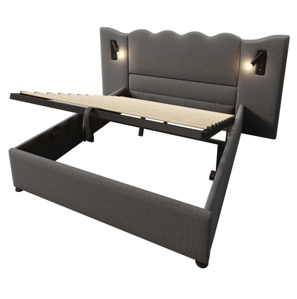 Letto matrimoniale 160x200 cm in lino grigio con lampada da lettura; ricarica USB e contenitore