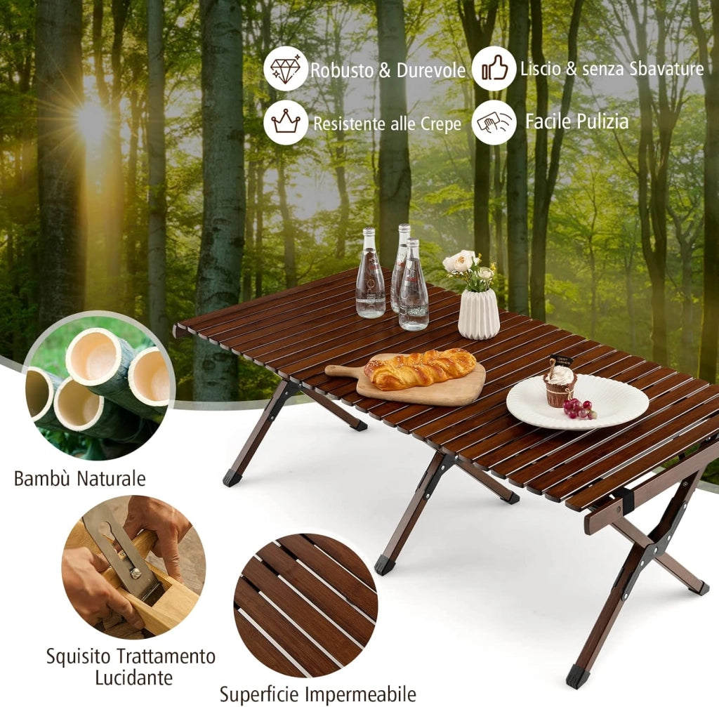 Tavolo da Campeggio Pieghevole di Bambù, Tavolo da Picnic Leggero con Borsa di Trasporto, Tavolo da Esterno per Campeggio, Trekking, Pesca e Barbecue, 122 x 60 x 43,5 cm (Marrone)