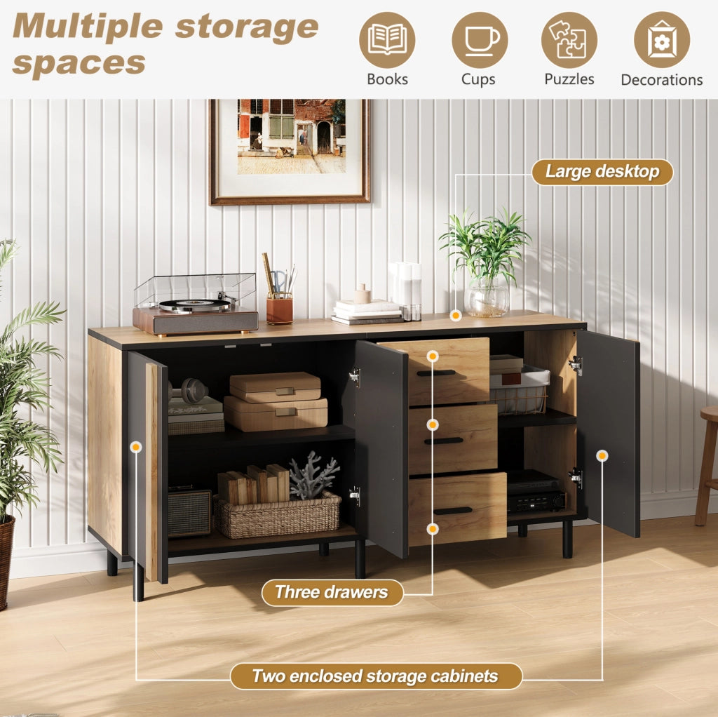 Credenza moderna 140x35x70 cm in MDF con 3 ante e 3 cassetti; nero e legno