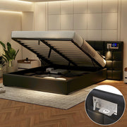 Letto imbottito con idraulico - Xylo - 180x200 cm - Nero - Ricarica wireless USB & lampada