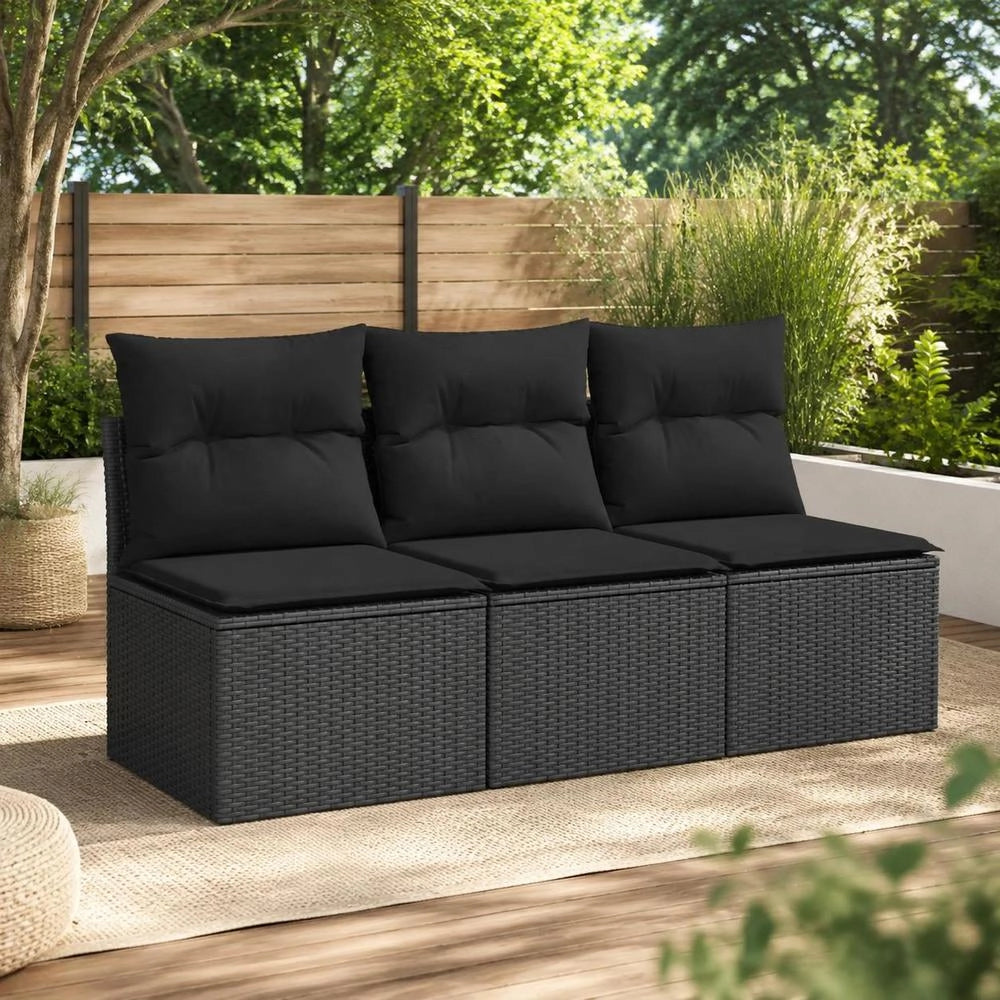 Garden Sofa With Cushions 3-seater Black Poly Rattan