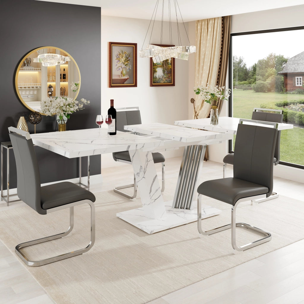 Tavolo allungabile con piano in mdf marmorizzato base a ali e piedi regolabili per cucina e soggiorno 120-160 × 80 × 76 cm