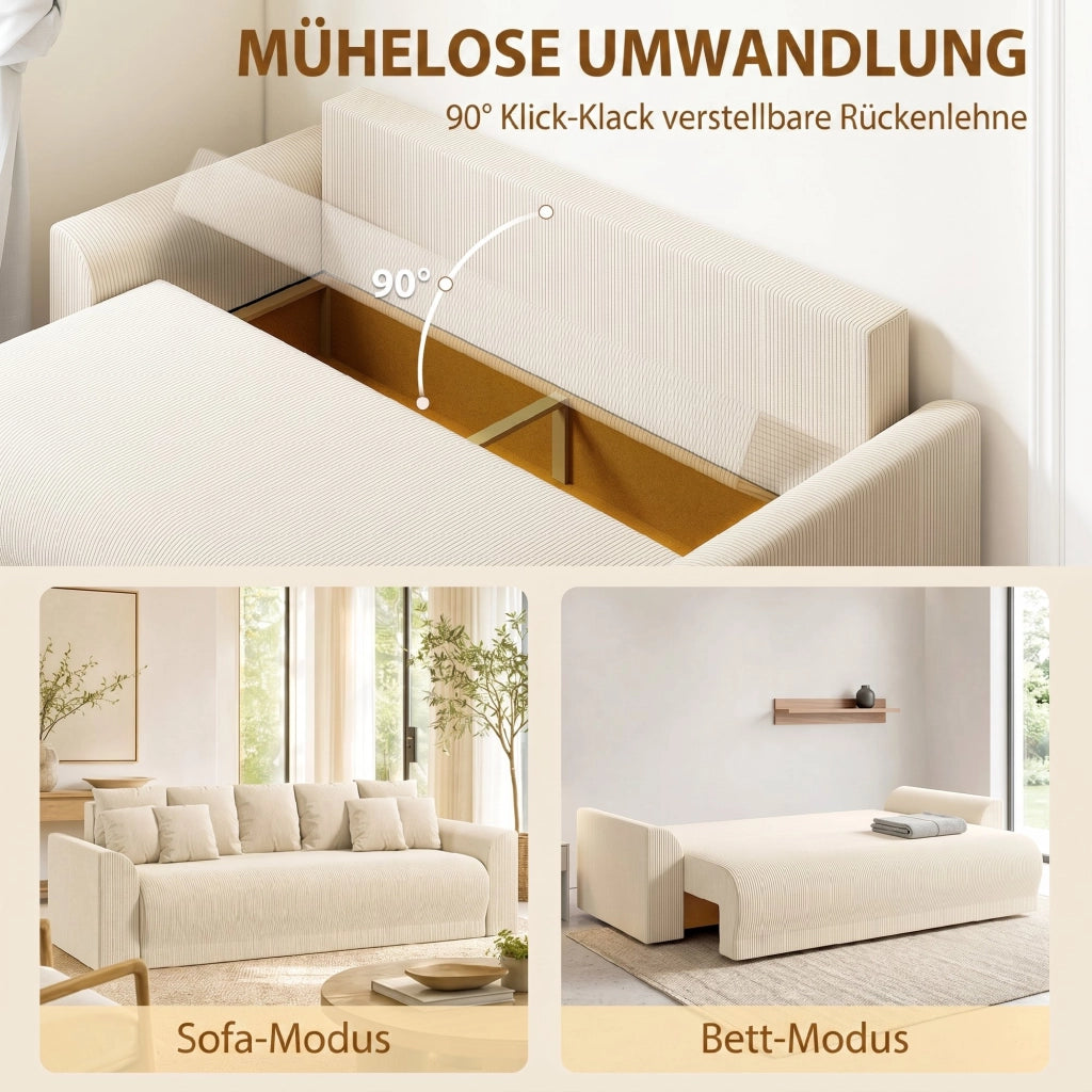 Divano letto 3 posti ¨C zephmum ¨C Tessuto antimacchia beige, Struttura in legno, 230 cm