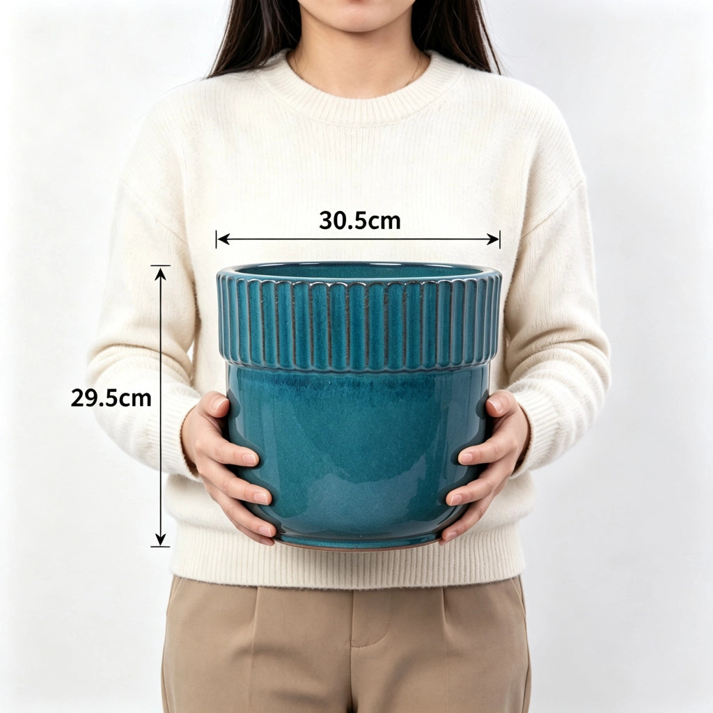 Fioriera in ceramica fatta a mano con drenaggio e finitura lucida turchese Ø 30,5 cm per interni e balcone