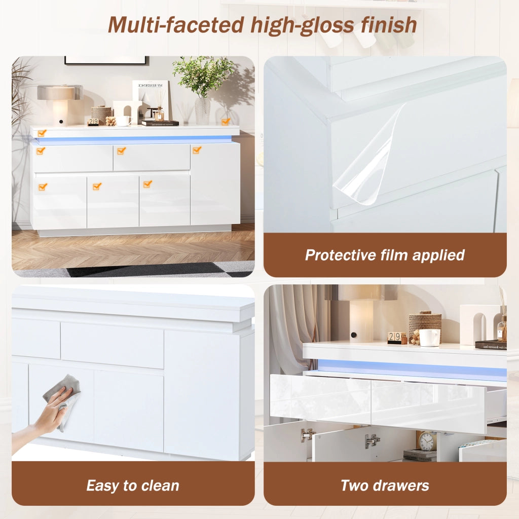 Madia con 4 ante e 2 cassetti; LED e ripiani regolabili - per soggiorno - 140 x 35 x 72.5 cm - bianco