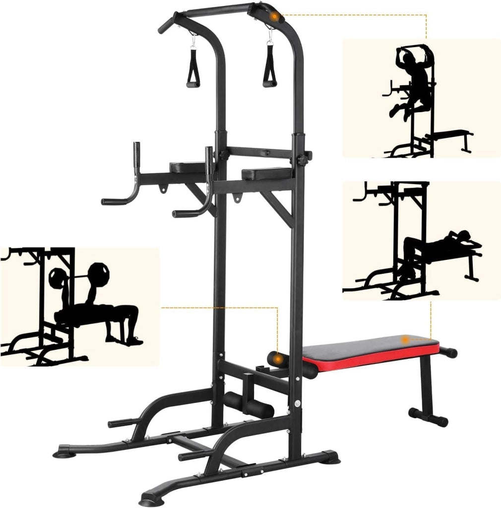 Dip Station Power Tower, torre multifunzione con panca pieghevole, barra per sollevamento pesi per allenamento a casa, con fasce per allenamento, capacità di carico fino a 200 kg