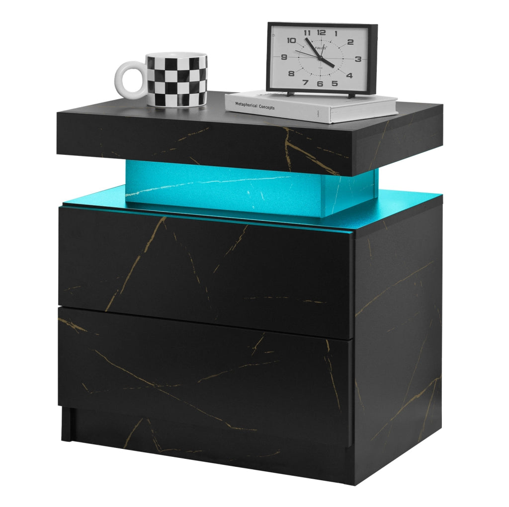 Comodino con luci LED regolabili, 2 cassetti, nero e oro
