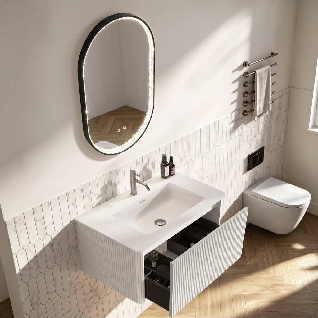 Mobile bagno sospeso con lavabo integrato e cassetto; specchio LED antiappannamento per bagno; bianco