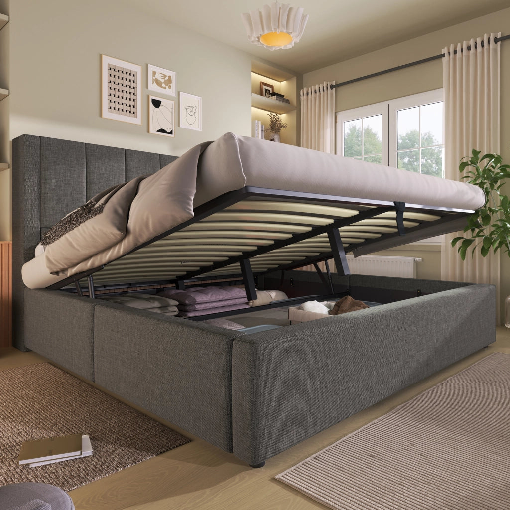 Letto imbottito di dimensioni 160x200 cm con sistema di carico idraulico e lenzuola grigie