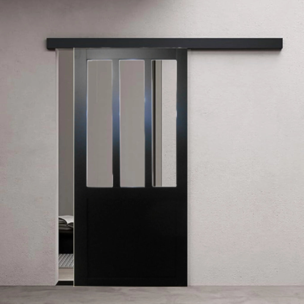 Officina di porte scorrevoli con vetro trasparente rivestito di nero H204 x L93 + binario nero
