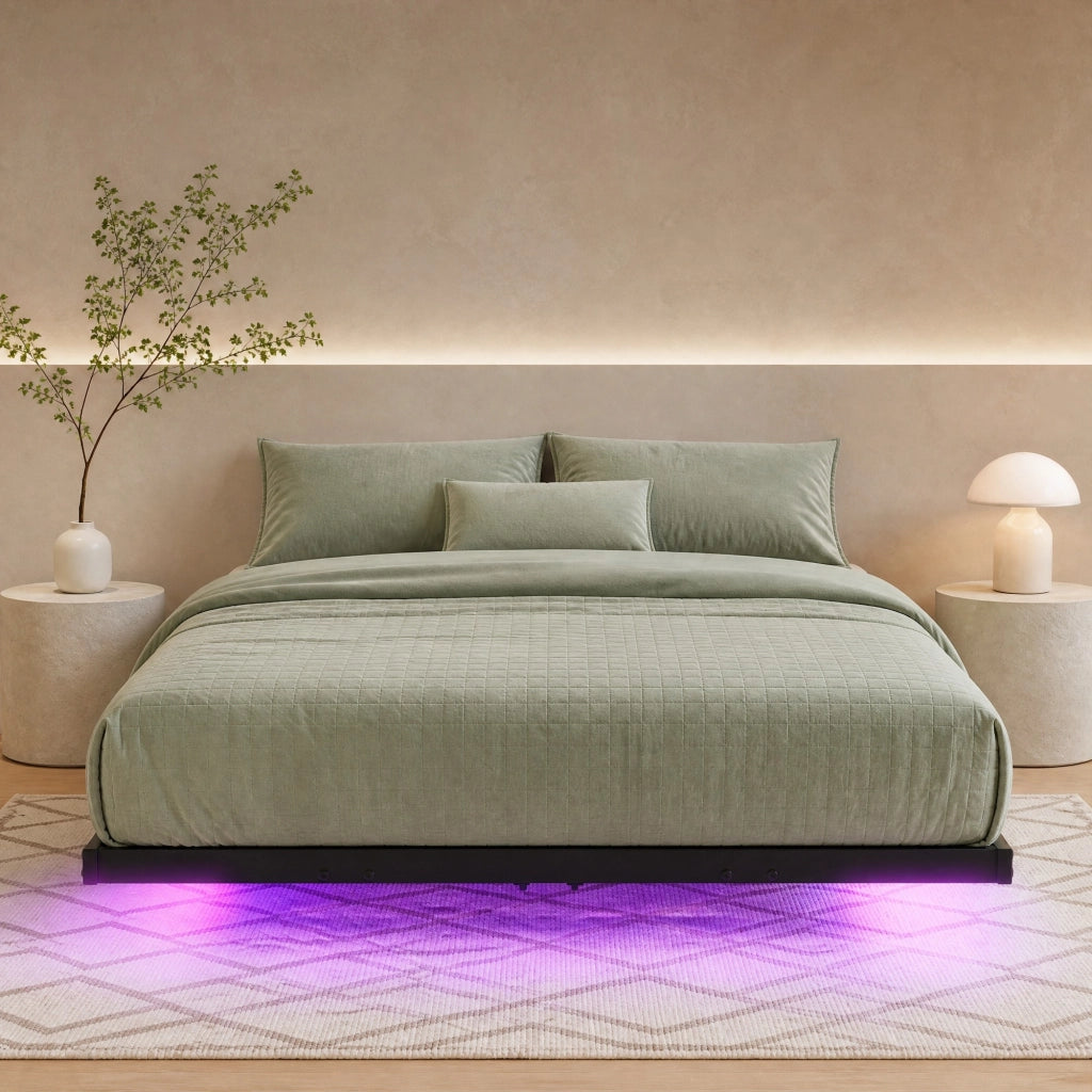 Letto 140 × 200 cm effetto sospeso con LED regolabile e stazione di ricarica struttura in metallo nera