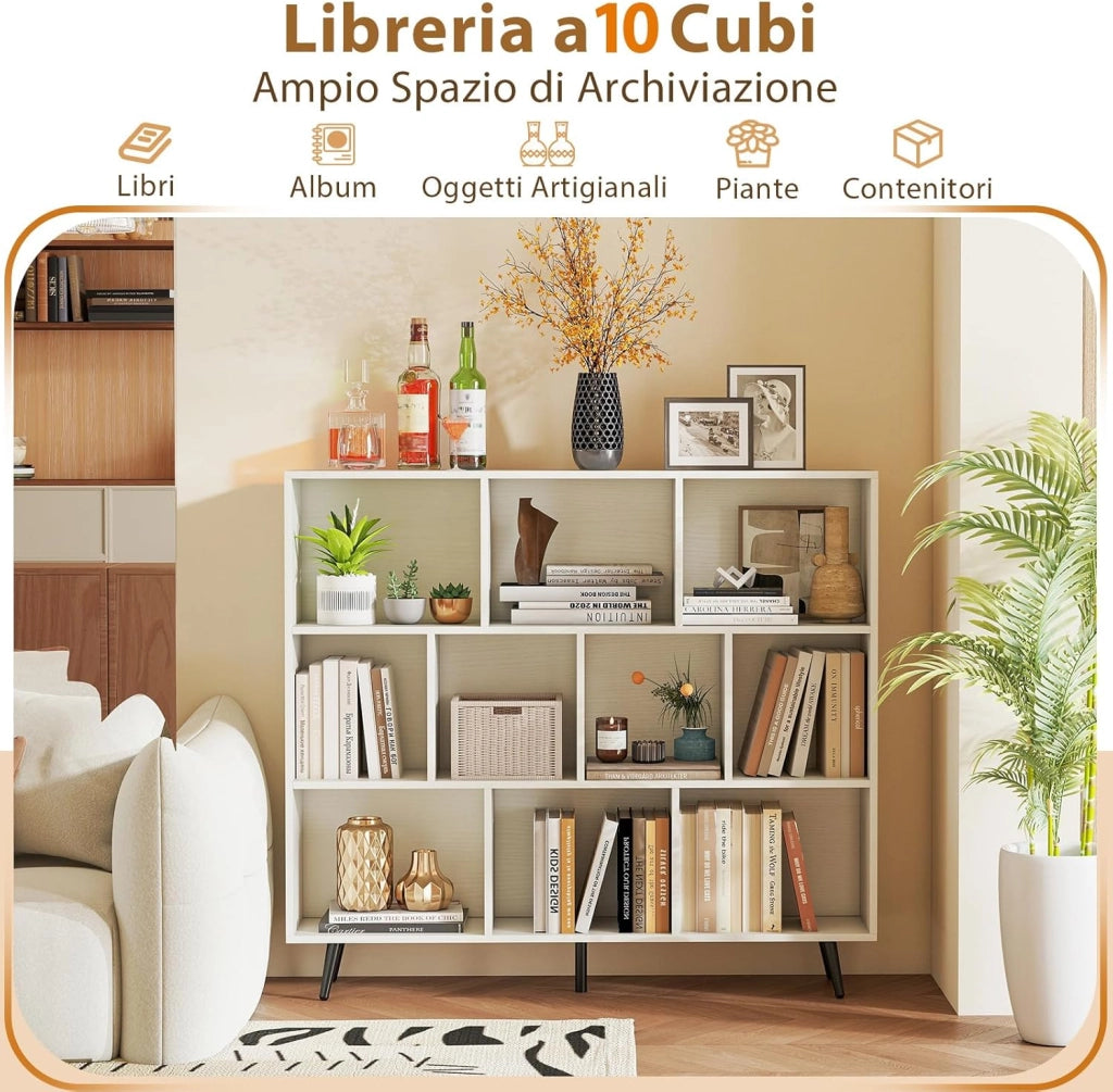 Libreria a 10 Cubi, Organizzatore di Stoccaggio Moderno con 5 Gambe di Metallo, Scaffale per Esposizione con 2 Kit Anti-Ribaltamento per Soggiorno Studio Camera da Letto, Bianco (120x24x107cm)