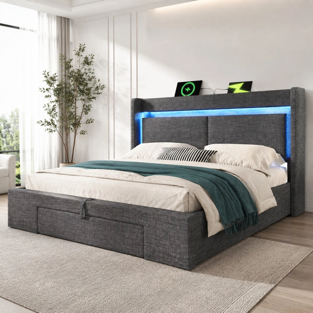 Letto imbottito 140x200 cm con contenitore idraulico, testiera con vano portaoggetti, LED e USB/USB-C, grigio