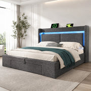 Letto imbottito 140x200 cm con contenitore idraulico, testiera con vano portaoggetti, LED e USB/USB-C, grigio