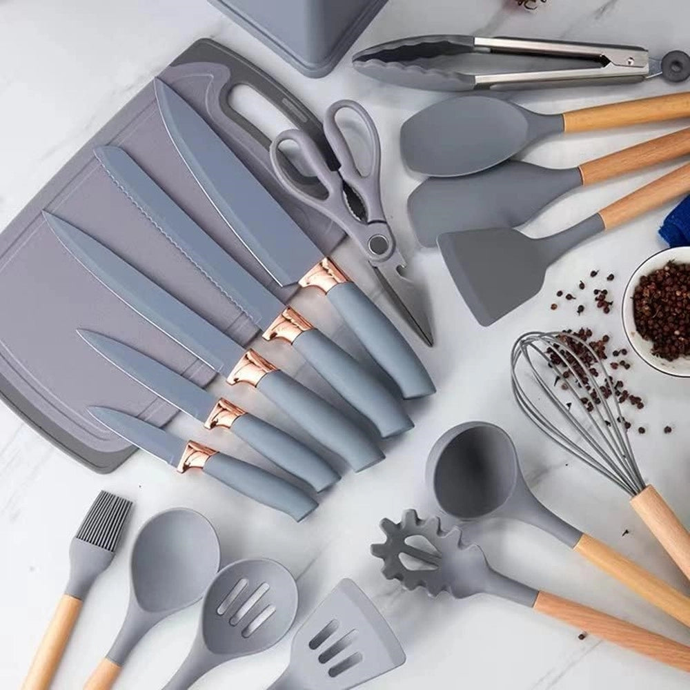 Trade Shop - Set Di Utensili Coltelli Da Cucina Da Chef Da 19 Pezzi In Silicone Con Manico In Legno -