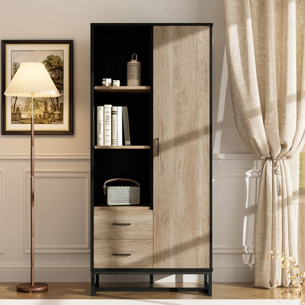 Armadio contenitore con 1 anta 2 cassetti e 3 vani aperti, per soggiorno ufficio e ingresso, 80 × 40 × 180 cm