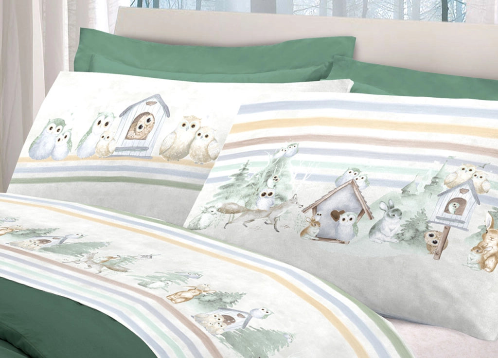 Completo Lenzuola Letto Pensieri Delicati 100% Cotone Disegno Gufi - Singolo - Verde