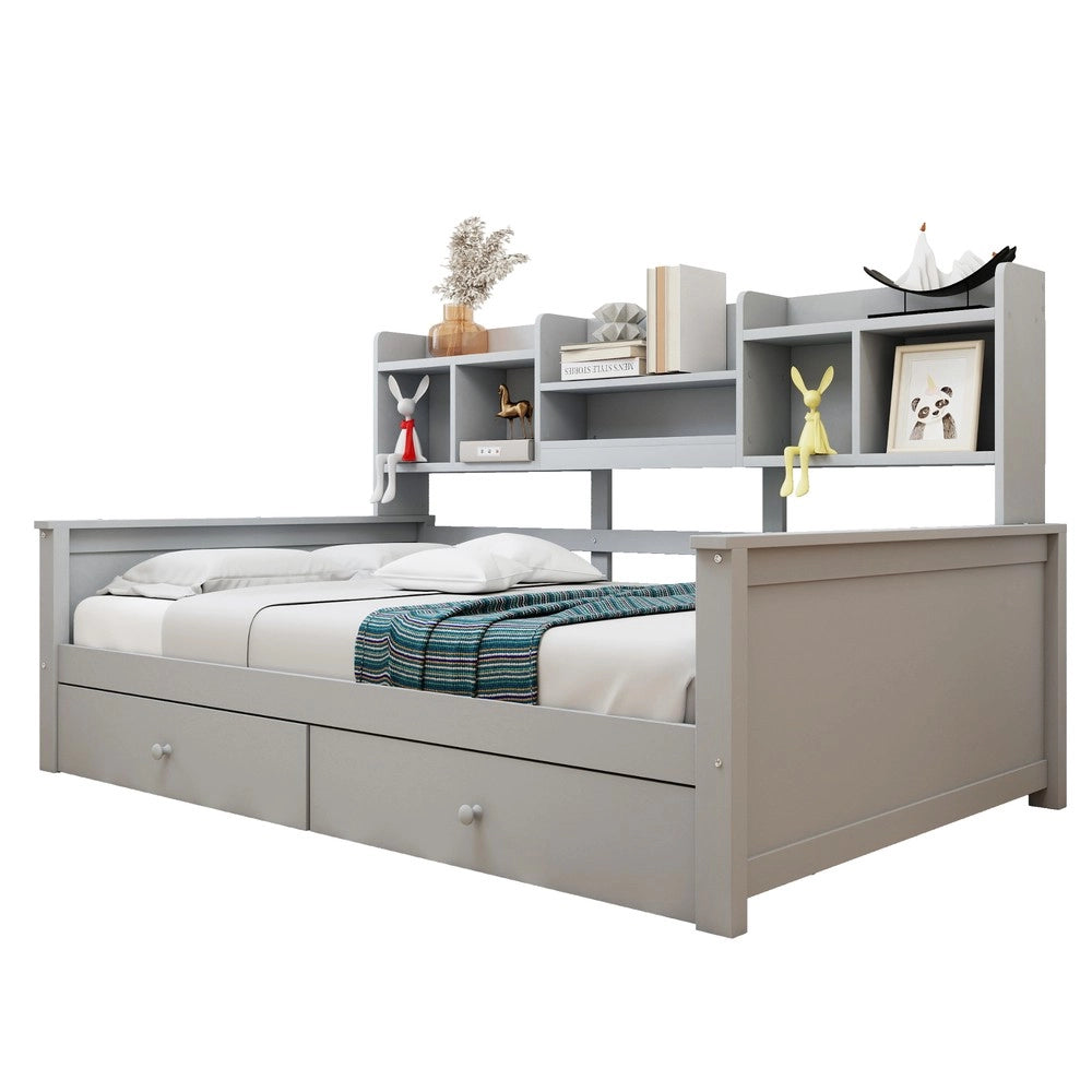 Letto Singolo a Soppalco con Cassetti e Scaffali ¨C Xylo ¨C Massello Grigio 90x200