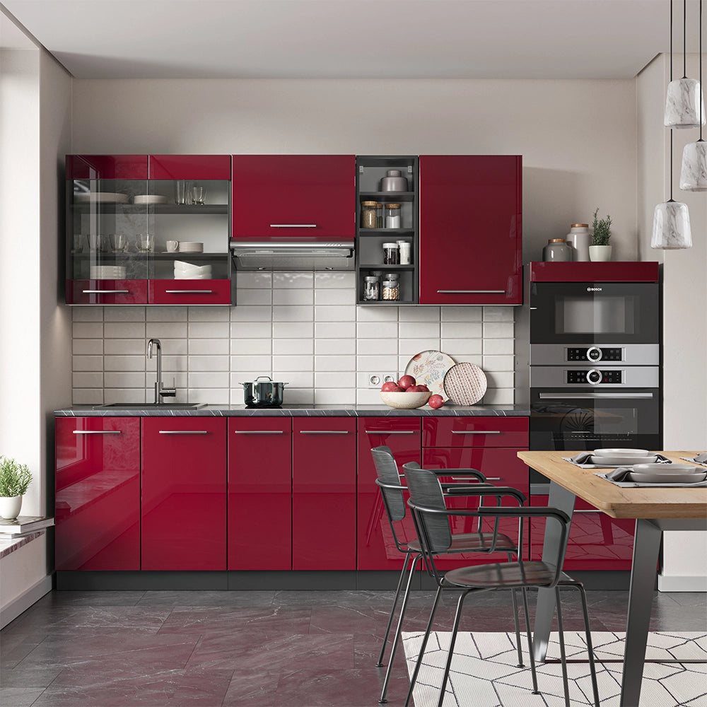 Cucina componibile Fame-Line Bordeaux lucido/Antracite 280 cm, PL Rovere Vicco
