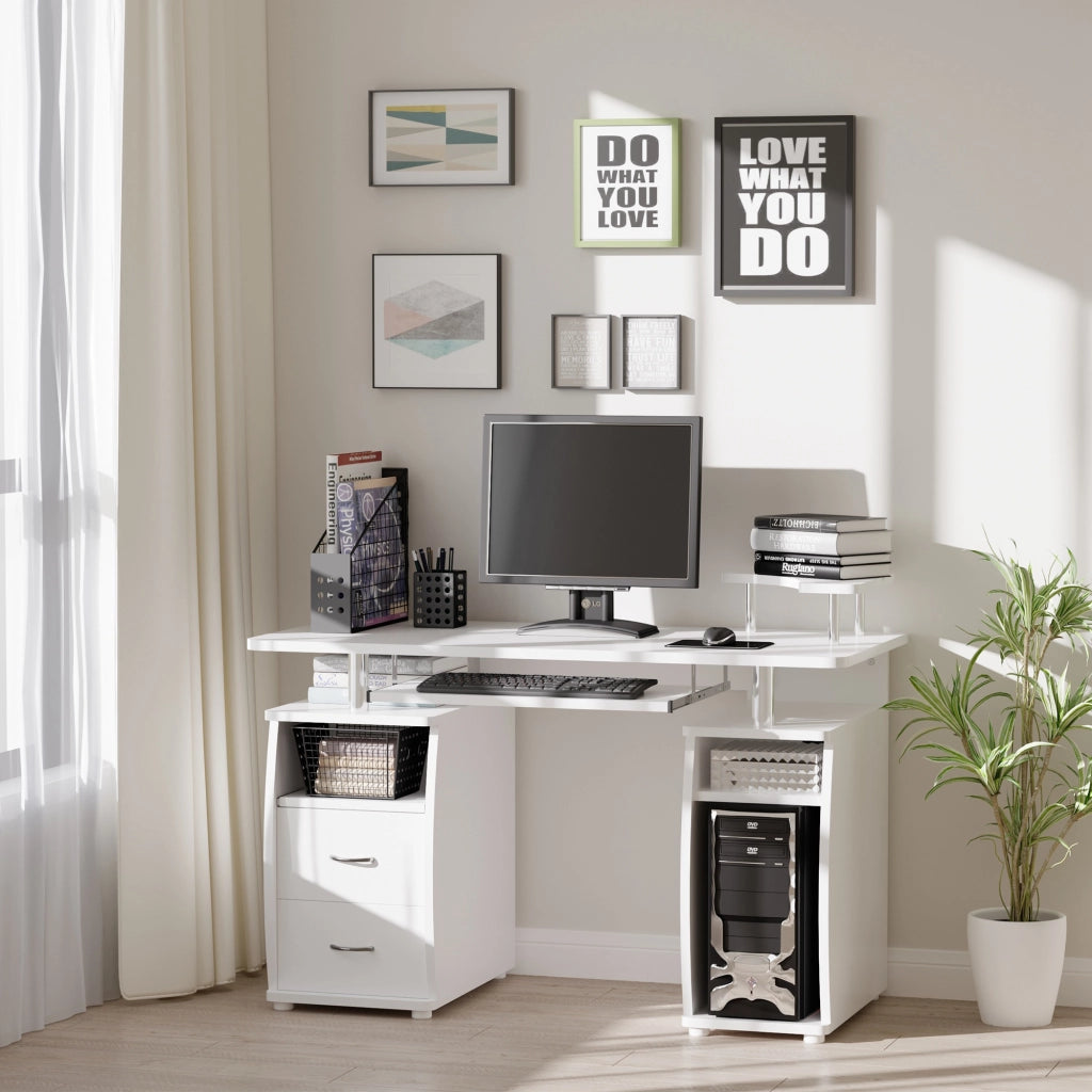 Scrivania per PC con Ripiano per Tastiera e per Monitor e 2 Cassetti, 120x55x85 cm, Bianca