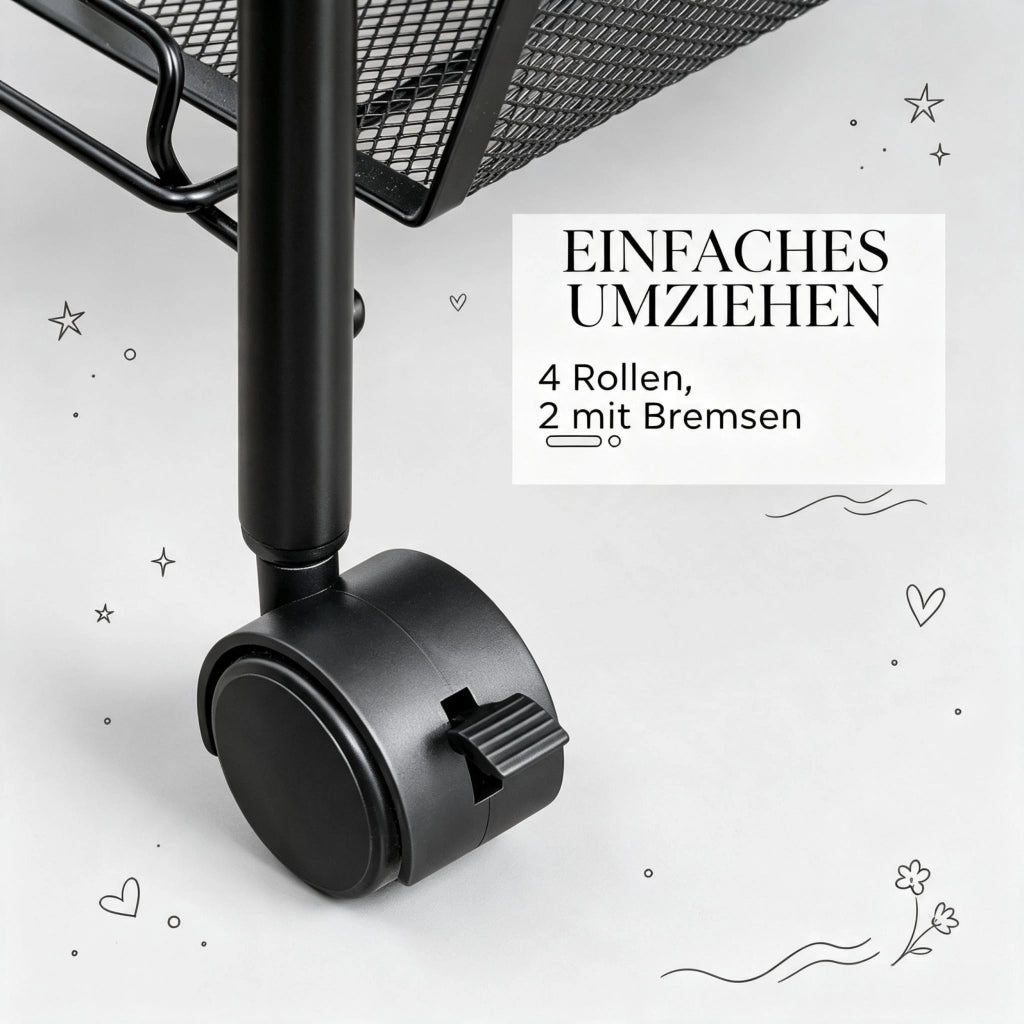 CARRELLO A 3 RIPIANI 45x26,5x63 cm Acciaio Nero con 4 ruote bloccabili