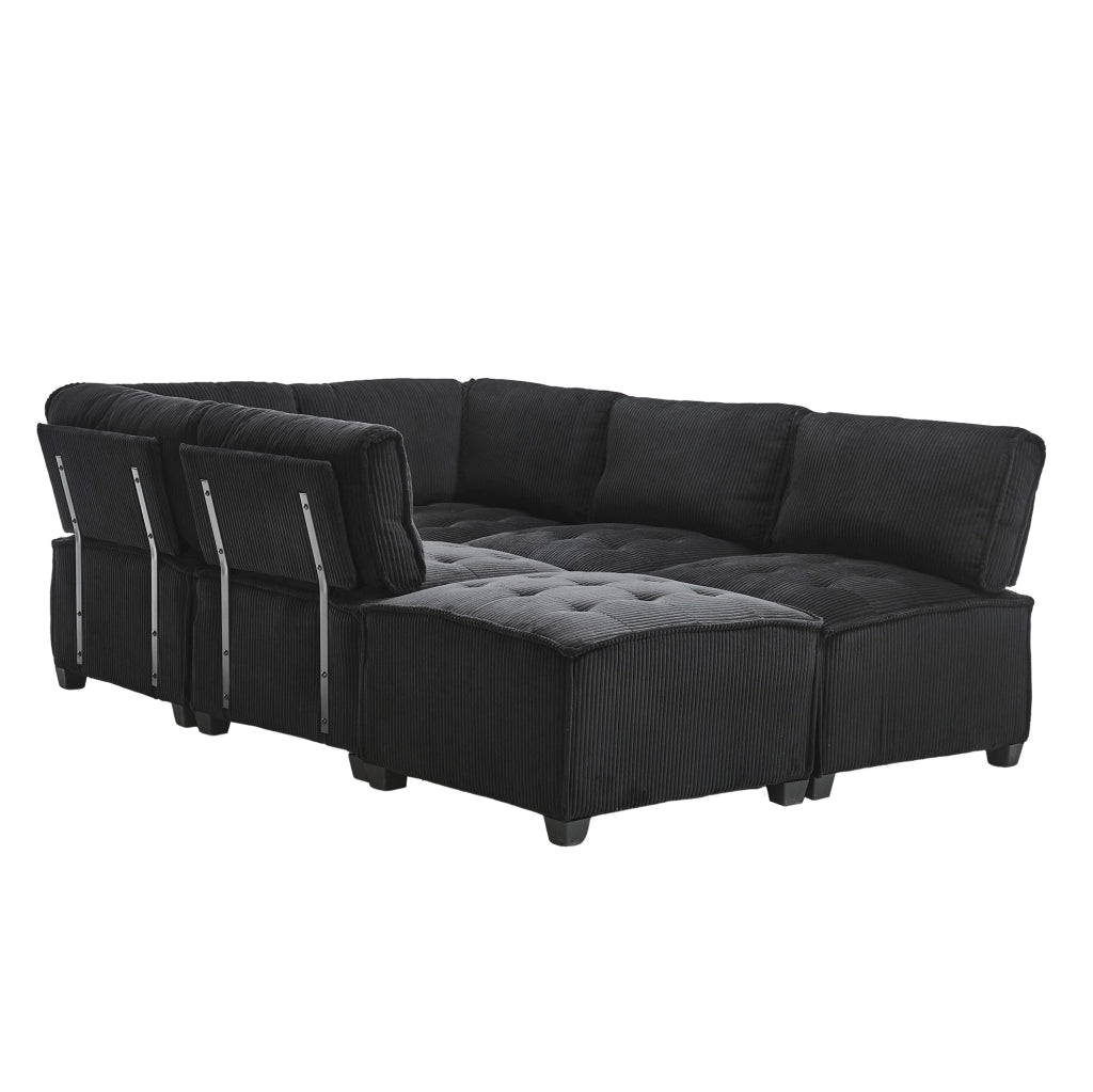 Divano modulare 6 posti 308 cm; velluto a coste nero; configurazione U/L e funzione letto