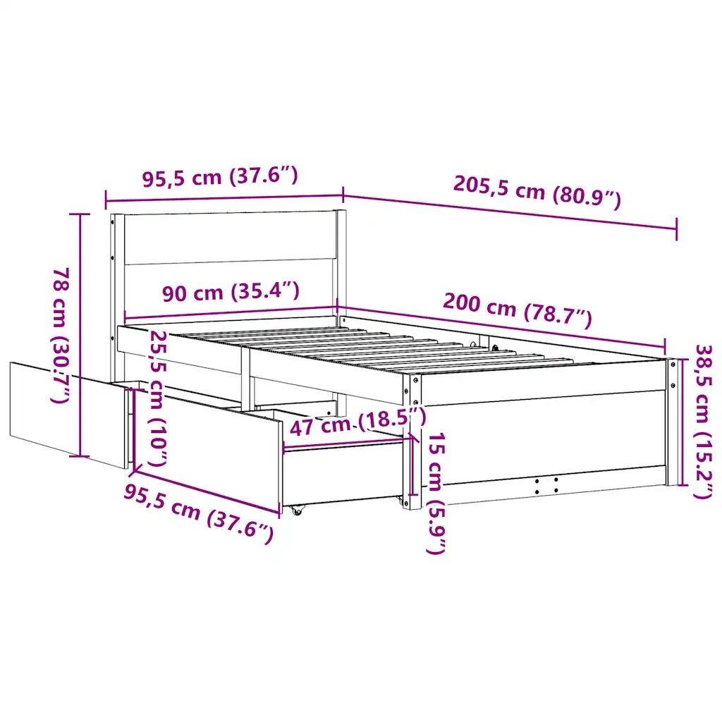 Letto senza Materasso Marrone Cera 90x200 cm Legno di Pino 846794