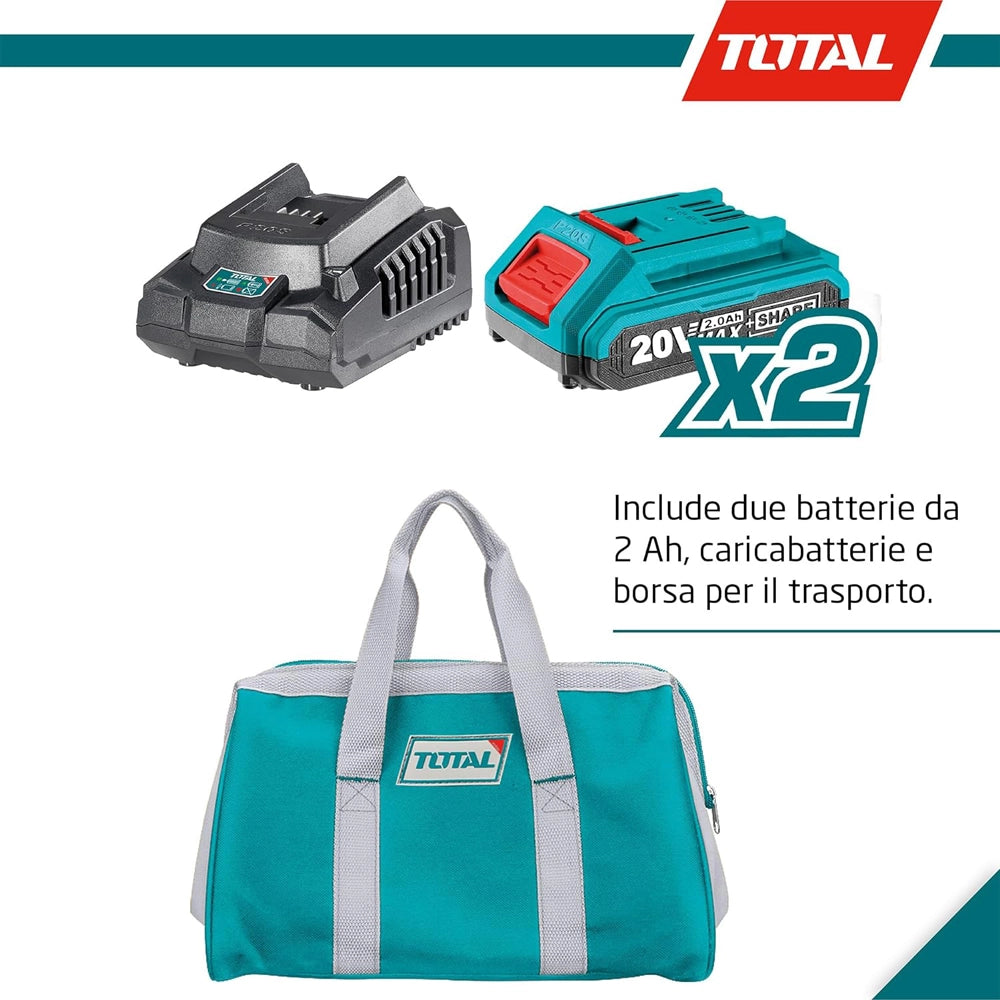 AVVITATORE+AVVITATORE A MASSA BATTENTE 1/4" 20V +2 BATTERIE 2Ah +ACCESSORI TOTAL TOTTCKLI2006