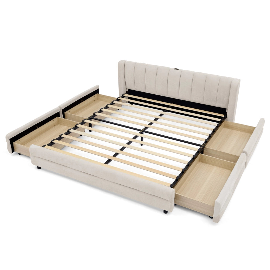 Letto matrimoniale 140x200 cm con 4 cassetti; porta USB e USB-C; in tessuto chenille beige
