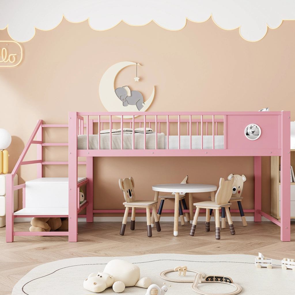 Letto a soppalco basso per bambini e adolescenti 90 × 200 cm con scala contenitore, senza materasso, in metallo, rosa