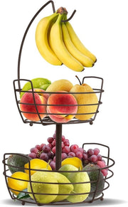 Fruitiera a 2 piani con uncino banana, supporto frutta per lavoro, fruitiera metallica per verdure e frutta, nera