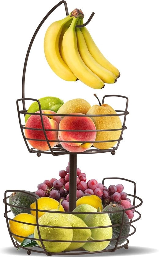 Fruitiera a 2 piani con uncino banana, supporto frutta per lavoro, fruitiera metallica per verdure e frutta, nera