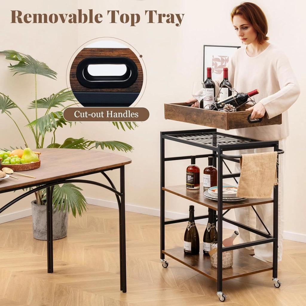 Carrello da cucina con vassoio estraibile e 4 ruote, carrello di servizio a 3 livelli con telaio in metallo, 73 x 40 x 94 cm, stile industriale, carrello ausiliario per cucina, sala da pranzo