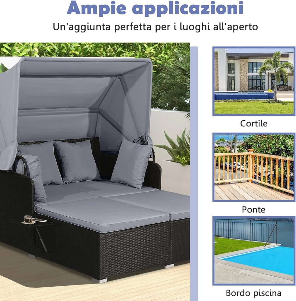 Lettino Prendisole per 2 Persone, Divano Letto Matrimoniale da Esterno in Rattan con Tettuccio Retrattile e Cuscini, Isola Prendisole per Giardino Cortile Balcone,165 x 153 x 138 cm (Grigio)