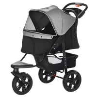 2 in 1 Passeggino per Cani Pieghevole a 3 Ruote con Freno, Cestino Portaoggetti e Porta Bottiglia, in Acciaio e Oxford, Grigio e Nero, 109.5x57.5x106.5cm