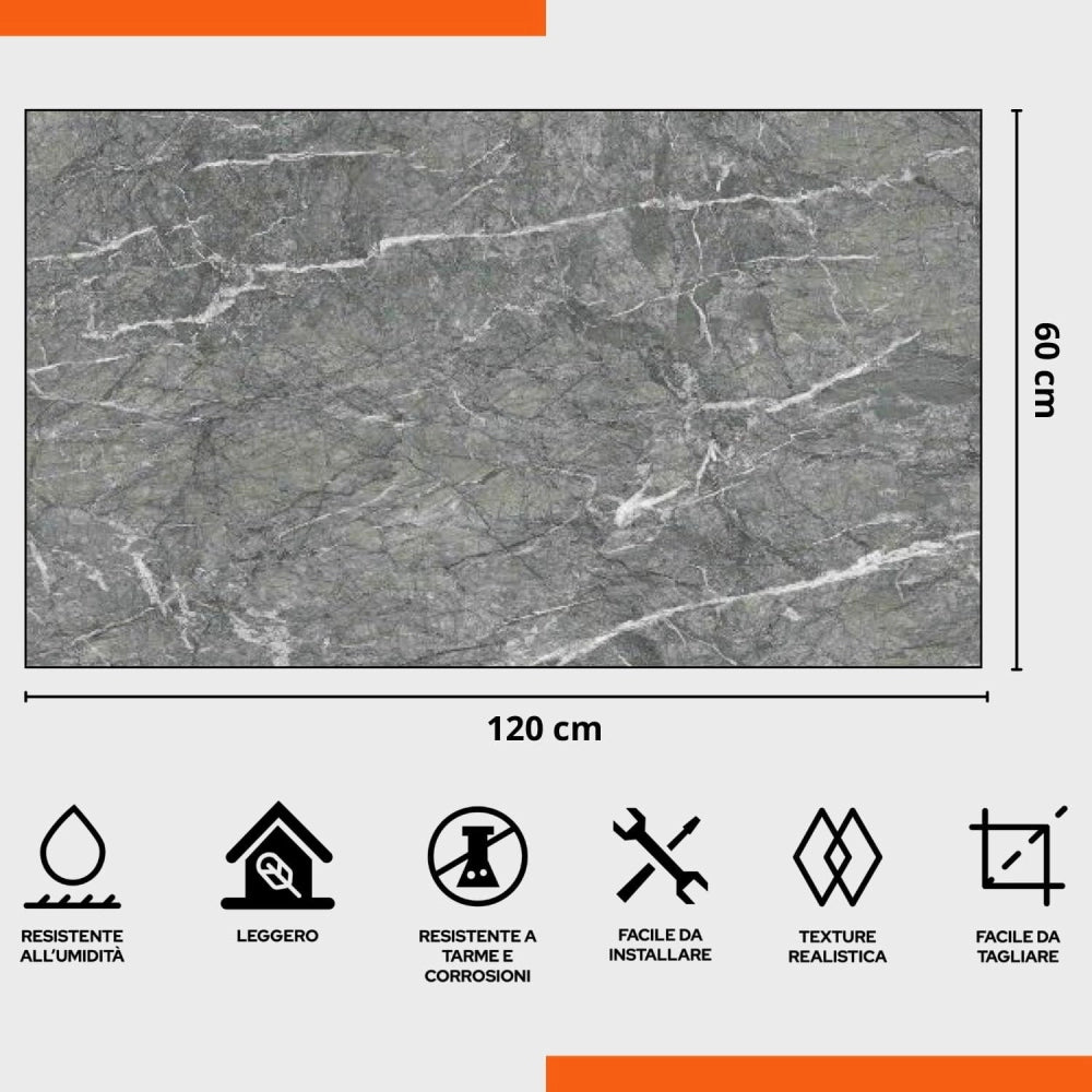 Pannello UV Effetto Marmo 60x120 cm Paraschizzi per Cucina Colore Grigio Conf. 4 Pezzi