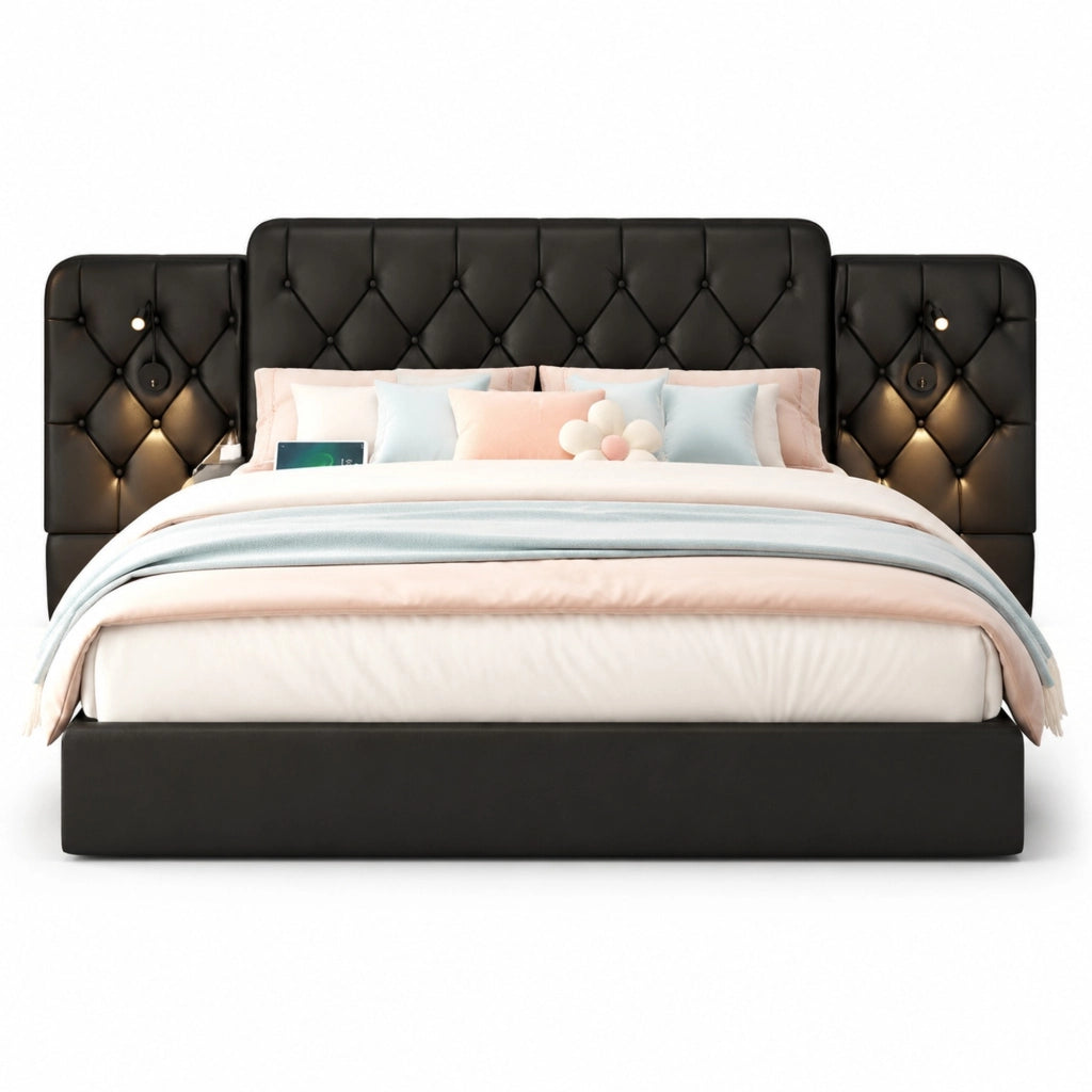 Letto matrimoniale 160x200 cm in PU nero con testiera allungata, luci da lettura, porte USB e contenitore