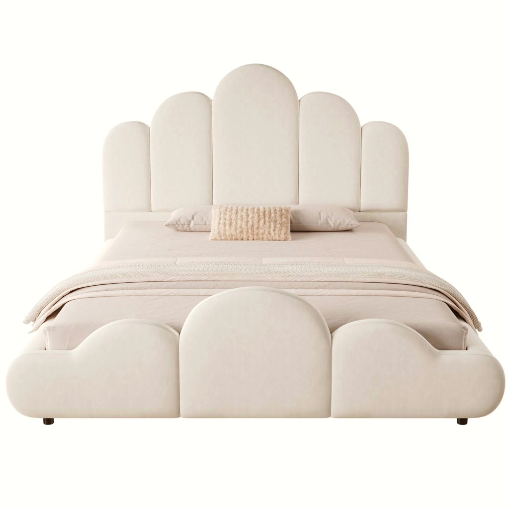 DESMIU Letto per bambini 140 × 200 cm 2 posti con testiera imbottita e angoli arrotondati, senza materasso, velluto beige