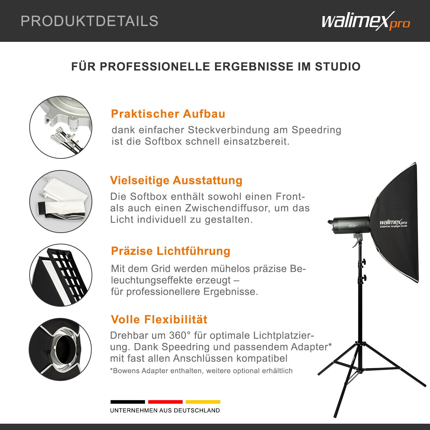 Softbox Essential Striplight 22 x 90 cm per luce morbida, sagomatore di luce girevole a 360°, con griglia, adattatore Bowens, diffusore e borsa, per fotografia di prodotti e persone