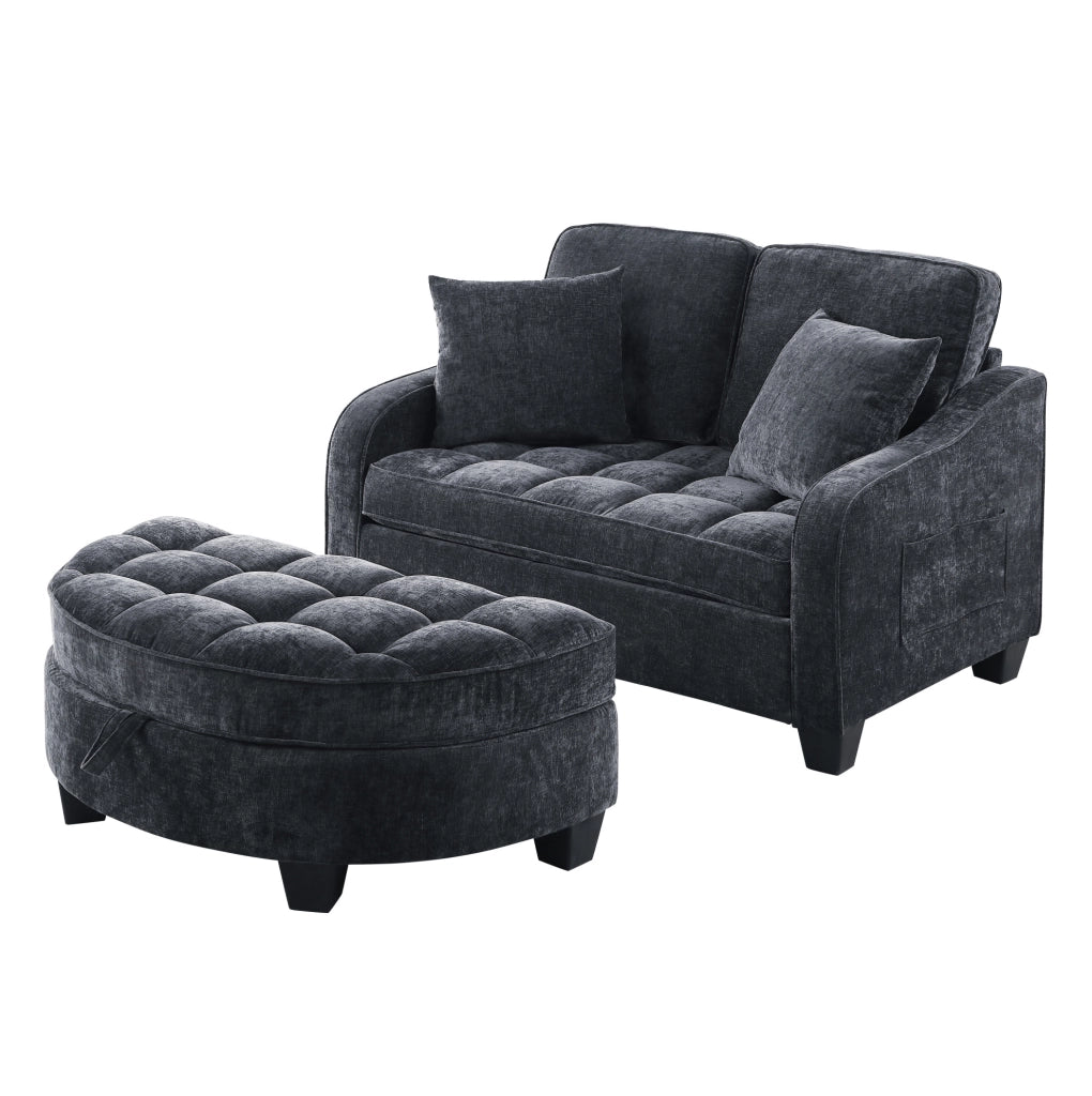 Divano letto 132x129x93 cm convertibile con pouf contenitore in legno di eucalipto nero