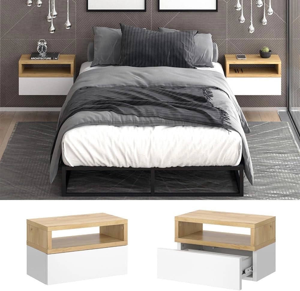 Comodino camera da letto Urbano, Quercia dorata, Set di 2, montabile a parete per un utilizzo salvaspazio in camera da letto