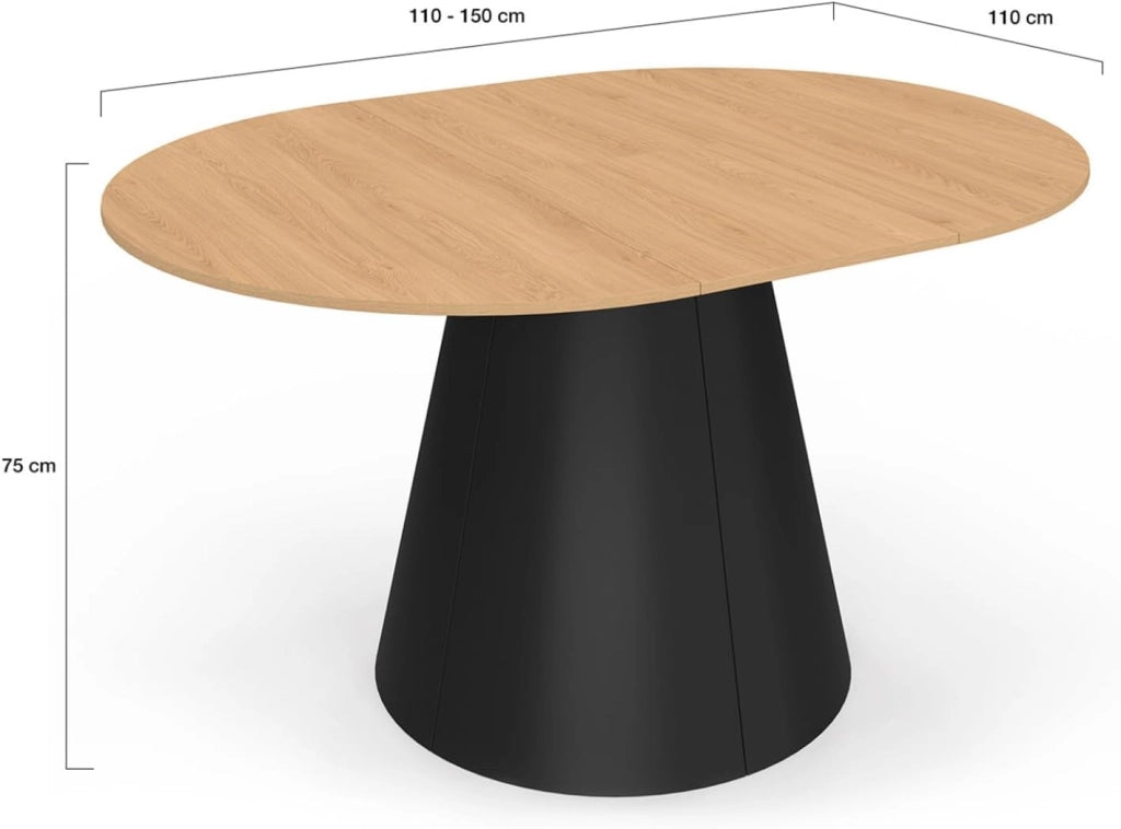 Tavolo da pranzo rotondo allungabile ANGELE, 4-8 posti a sedere, legno effetto faggio e gamba nera, 110-150 cm