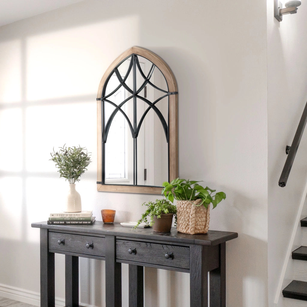 Specchio da Parete ad Arco con Dettagli Moderni e Ganci, in Legno e Vetro, 60x93 cm, Marrone e Nero