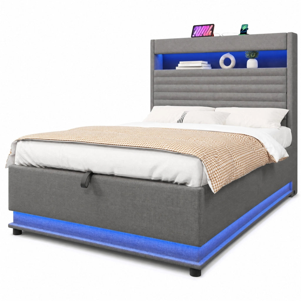 Letto matrimoniale contenitore 140x200 cm in lino grigio con LED e porte USB/Type-C HAVRYA