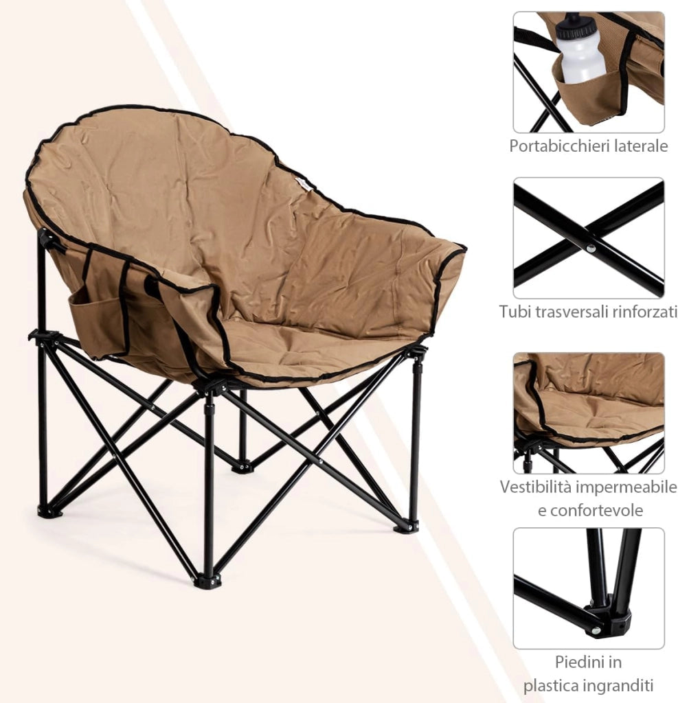 Sedia da Campeggio Pieghevole, Poltrona da Esterno con Portabicchiere, Sedia Imbottita per Campeggio Giardino Pesca, Portata 135 kg (Marrone)
