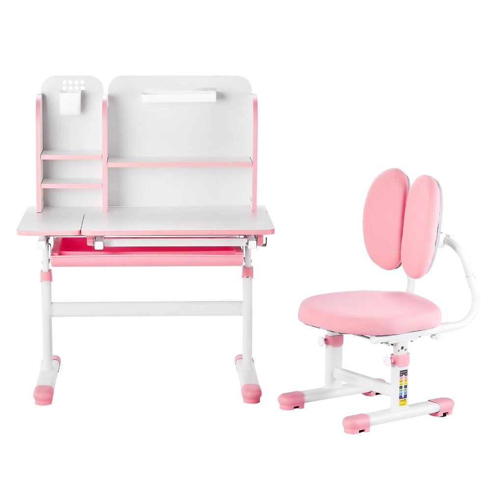 Scrivania Sedia Studio Bambini Libreria Cassetto Inclinabile 0-40 Gradi Altezza Regolabile Rosa