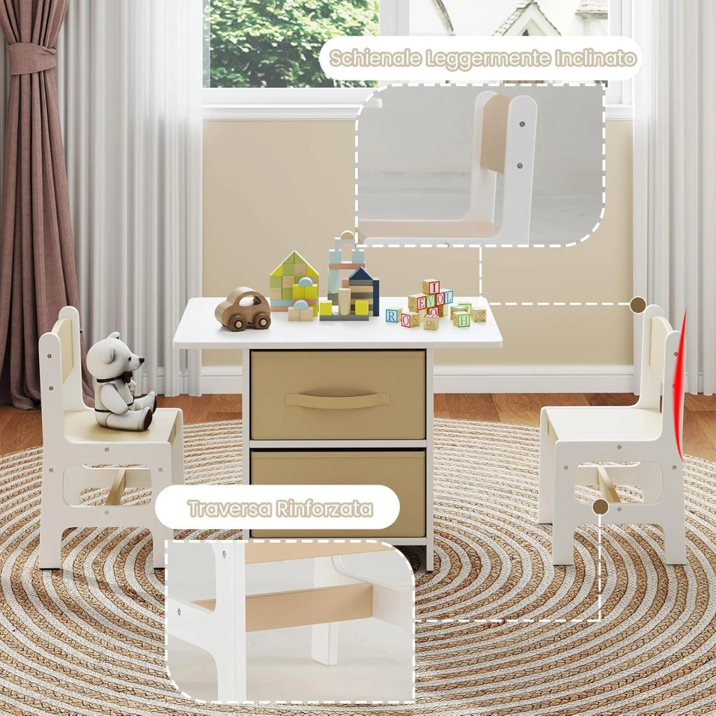 Set Tavolo e Sedie per Bambini 1-7 Anni, Tavolino in Materiale Atossico e Indore con 2 Sedie Ergonomiche con Schienale, Angoli Arrotondati, Ideale per Giocare, Disegnare e Leggere (Beige)