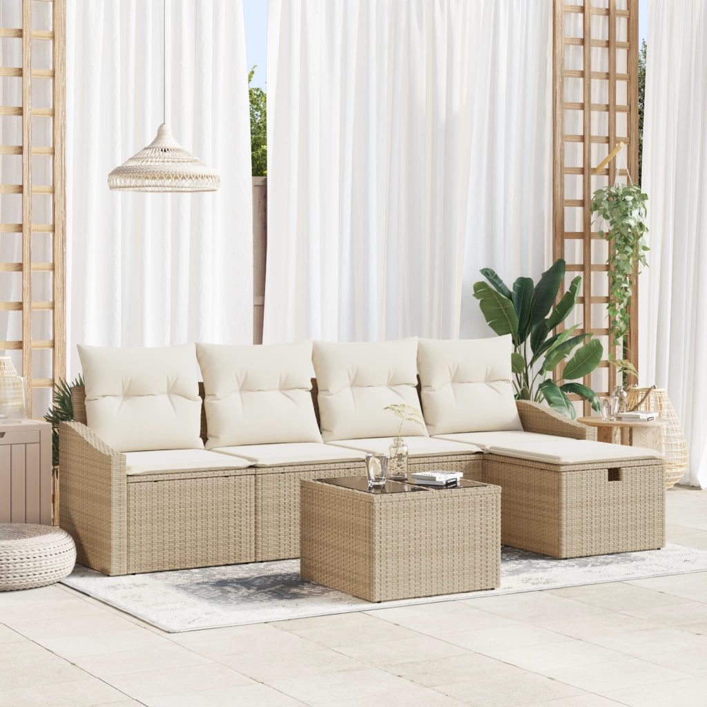 Set Divani Giardino 6 Pezzi con Cuscini Beige Rattan Poliestere